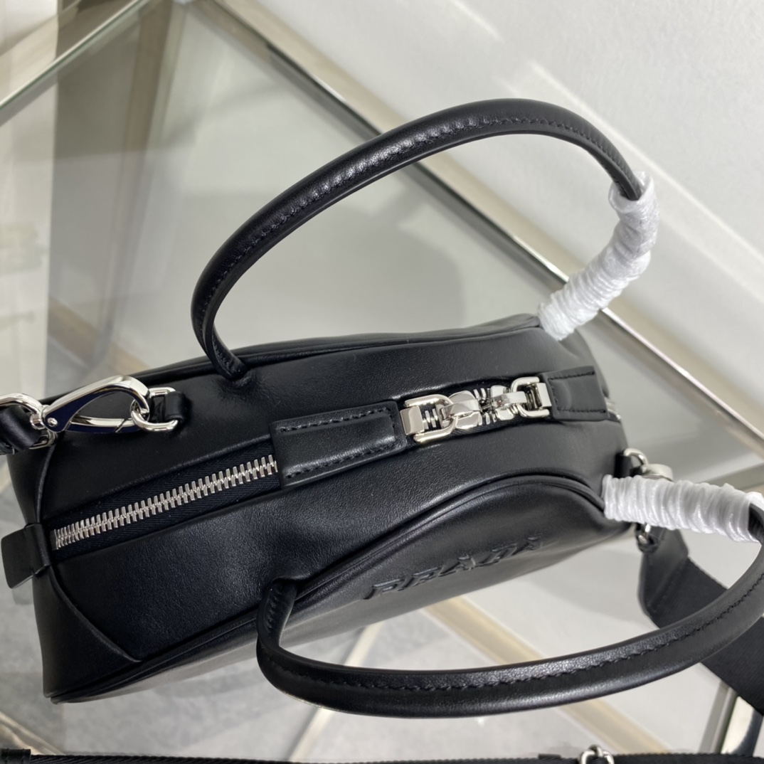 Prada Triangle Leather Shoulder Bag Tote Black 1BB082